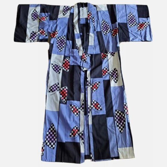 Vtg Handmade Kimono Abstract Flag Japanese Yukata Urushi Haori Jacket Cotton - Picture 3 of 10